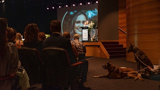 Family, friends and pets Frankie and Django watch on during the service on Monday. 