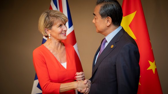 Foreign Minister Julie Bishop with State Councillor and Foreign Minister Wang Yi in Buenos Aires on Monday. 