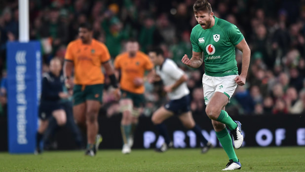 Third-choice five-eighth Ross Byrne reacts after slotting the penalty goal to give Ireland a three-point lead.