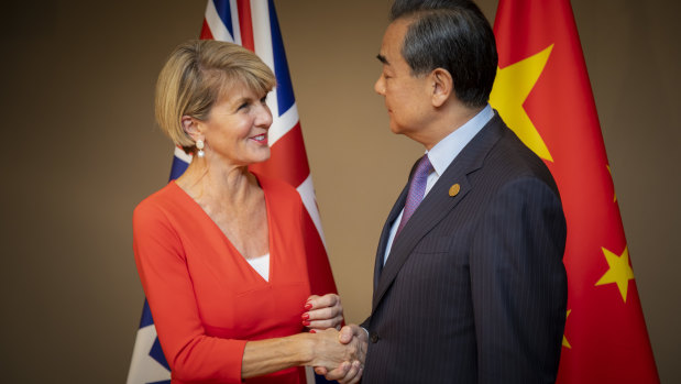 Foreign Minister Julie Bishop with State Councillor and Foreign Minister Wang Yi in Buenos Aires on Monday. 