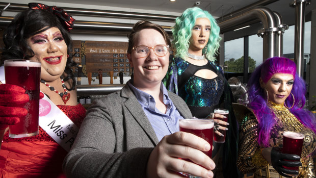 Mad B, Yes!Fest organiser G Guthrie, Queen B, and Vanity Wilde at Bentspoke Brewery in Braddon, who have crafted a raspberry beer called the Frenzy to celebrate the anniversary of the marriage equality vote. 