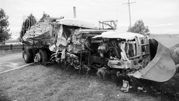 The scene of a fatal collision between a passenger bus and semi-trailer near Grafton, October 1989.