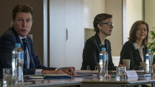 Industrial Relations Minister Christian Porter with the ACTU's Sally McManus and Michele O’Neil at a roundtable with employer groups to map-out IR reform.