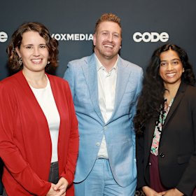Helen Toner (left) with tech journalist Casey Newton and researcher Ajeya Cotra at Vox Media’s Code Conference last year.