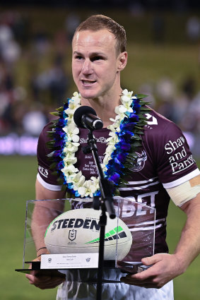 Daly Cherry-Evans during the presentation for his 300-game milestone at WIN Stadium.