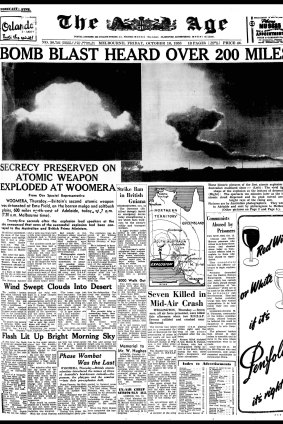 The front page of The Age published on 16 October, 1953, after the second test bomb.