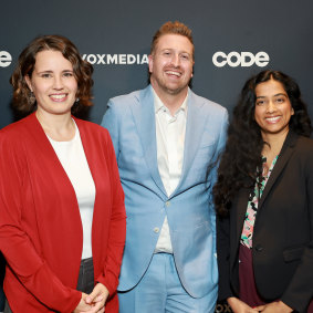 Helen Toner (left) with tech journalist Casey Newton and researcher Ajeya Cotra at Vox Media’s Code Conference last year.