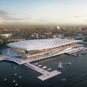 An artist’s impression of the new Sydney Fish Market building at the head of Blackwattle Bay, right beside its current location.