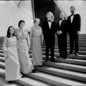 In 1973 women choristers were expected to sew their own new electric blue maxi dresses. From left,  Lesley Stephenson, Shirley Williams, Ruth Jurd, David Freeman, Leonard Pitchard and John Willis.
 