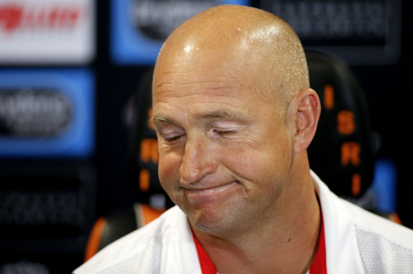 Knights coach Nathan Brown fronts the post-match press conference after the Tigers game.