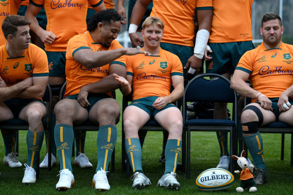 Tate McDermott and Pone Fa’amausili share a moment during the Wallabies’ captain’s run in Dunedin on Friday.