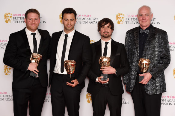Peter Beard, Richard Kerbaj, Simon McMahon and Brian Woods with their BAFTAs for best 2016 TV documentary: My Son the Jihadi.
