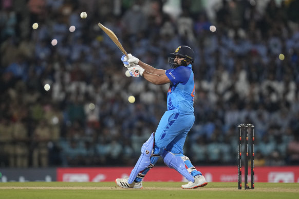Indian skipper Rohit Sharma in action during the second Twenty20 against Australia.
