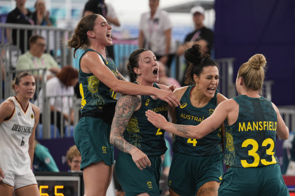 Australia’s 3x3 team (from left): Anneli Maley, Marena Whittle, Alex Wilson and Lauren Mansfield celebrate their victory over Germany.