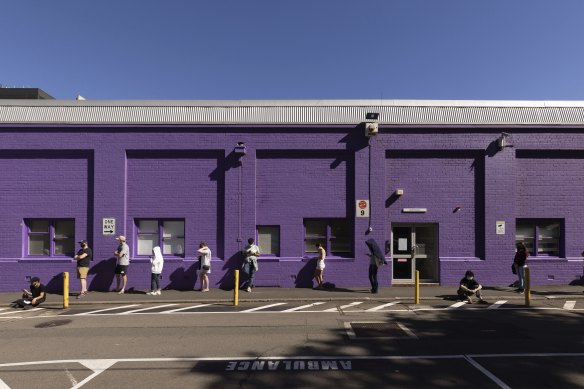 Another day of long queues for COVID-19 PCR testing at Sydney’s Royal Prince Alfred Hospital in Camperdown on Thursday. 