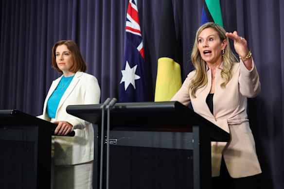 Minister for Communications and Minister for Sport Anika Wells and eSafety Commissioner Julie Inman Grant during a press conference at Parliament House in Canberra on Wednesday. Photo: Alex Ellinghausen