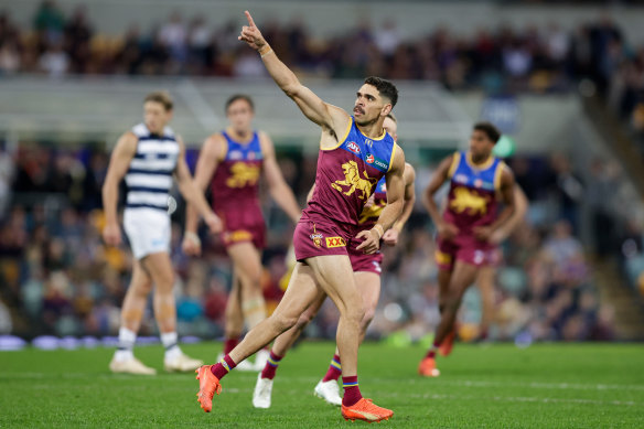 Charlie Cameron snags a goal and celebrates in trademark style.