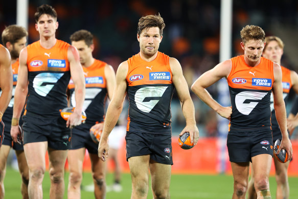 Toby Greene and his Giants teammates after the clash with St Kilda.