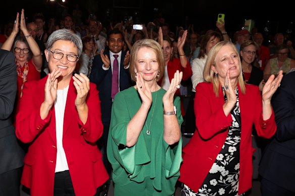 Foreign Minister Penny Wong, former prime minister Julia Gillard and Finance Minister Katy Gallagher at Labor’s campaign launch.