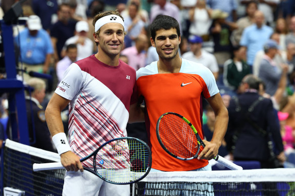 Carlos Alcaraz (right), now world No. 1, and Caspar Ruud before the 2022 US Open men’s singles final. 