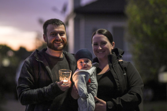 Part of Rudi Pruckner’s Australian-born family attending an Anzac Day service in 2020. Ben Pruckner is one of Rudi’s nine grandchildren, Jessica is his granddaughter-in-law and little Archer is one of Rudi’s eight great-grandchildren.