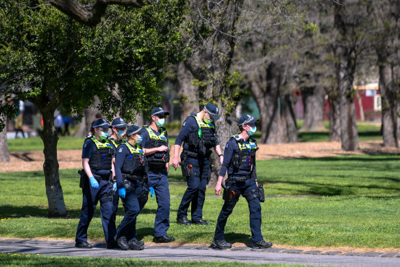 Police patrolling last month’s demonstrations against mandatory vaccines. 