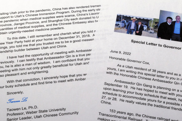 A letter from Utah professor Taowen Le to Utah Governor Spencer Cox in 2022 urging him to meet a Chinese ambassador.