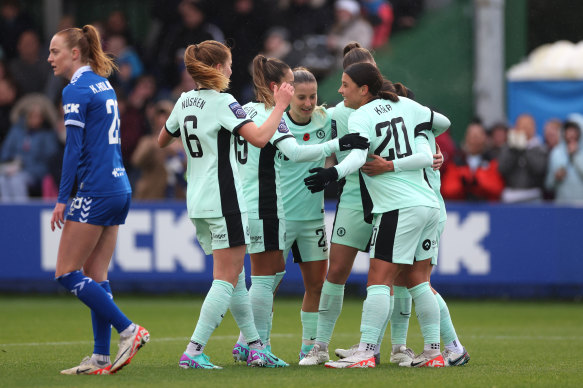 Chelsea’s players celebrate after Jessie Fleming’s first-half strike against Everton.