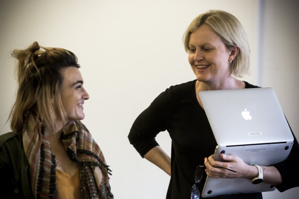 Sally Sara during a rehearsal of Stop Girl with Sheridan Harbridge, who will play Suzie.