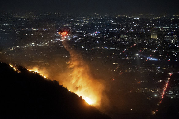 Fire raging in the Hollywood Hills area.
