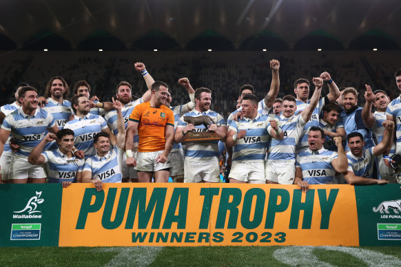 The Pumas celebrate their win over the Wallabies in Sydney. 