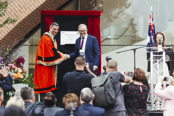 Prime Minister Anthony Albanese and Liverpool Mayor Ned Mannoun opening the new Civic Place precinct at Liverpool in April.