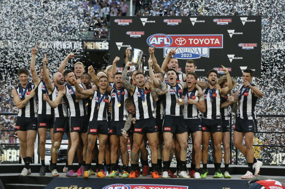 Collingwood celebrates its win over Brisbane in this year’s grand final.