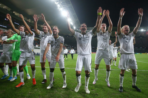 Macarthur FC celebrate their first win in the A-League over the Western Sydney Wanderers.