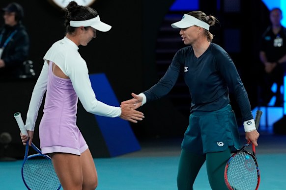 Ena Shibahara and Vera Zvonareva in action against Kimberly Birrell and Talia Gibson in their women’s doubles quarter-final.