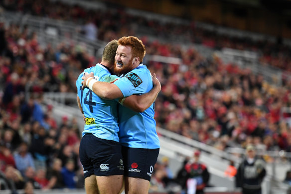 Bass of the scrum: Johnson-Holmes in action for the Waratahs. 