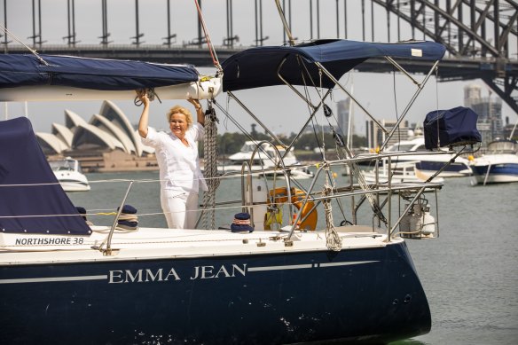 Emma Harvey pictured on her yacht, the Emma Jean.