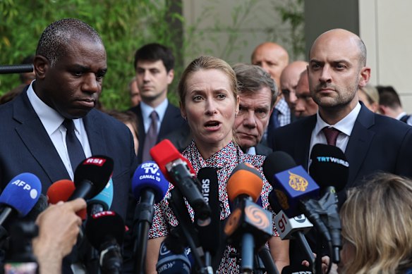 European foreign ministers after meeting with their Iranian counterpart in Geneva. From left: Britain’s David Lammy, the EU’s Kaja Kallas, Germany’s Johann Wadephul and France’s Jean-Noel Barrot.
