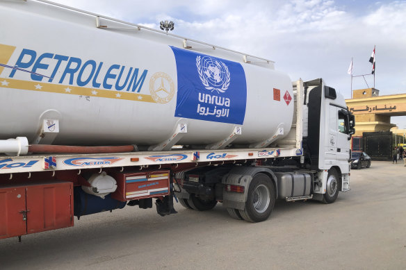 An Egyptian fuel truck waits to cross the Rafah border crossing into Gaza on Wednesday.