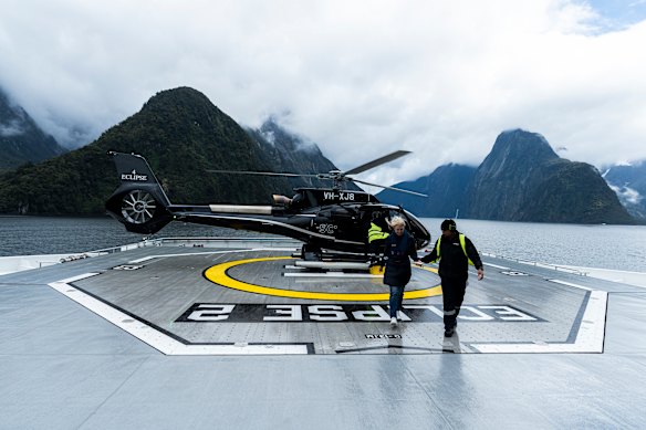 The writer following a trip on one of the ship’s H130 helicopters.