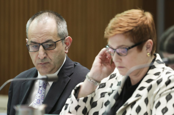 Michael Pezzullo was critical of former  defence minister Marise Payne and Senate estimates hearings. This photo was taken during a hearing in 2019. 