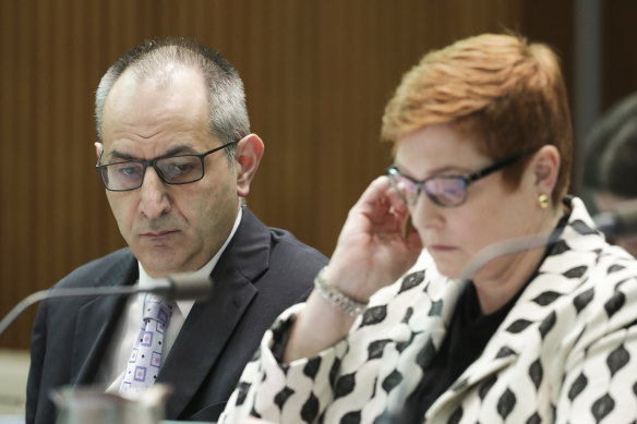 Michael Pezzullo was critical of former  defence minister Marise Payne and Senate estimates hearings. This photo was taken during a hearing in 2019.