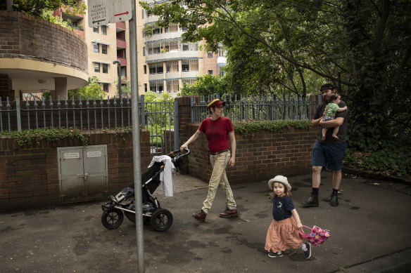 Maggie Korenblium. Al Turnbull and their young children Esme and Hamish outside their Pyrmont apartment building.