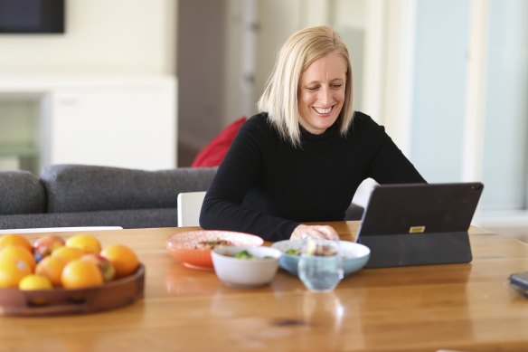 Senator Katy Gallagher at home with her takeaway vegetarian lunch from Zaab restaurant. 