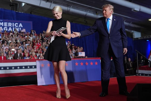 Trump’s executive assistant Natalie Harp appeared on stage with him at a rally in Nebraska on Monday night.