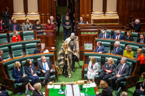 Co-chairs of the First Nations Peoples’ Assembly Aunty Geraldine Atkinson and Marcus Stewart are introduced to parliament.