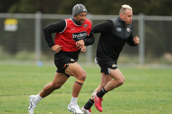 Benji Marshall, pictured training with Josh Reynolds on Monday, feared he had played his last NRL game when the season was suspended.