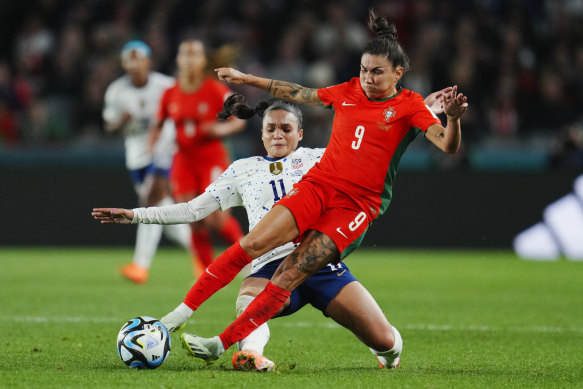 Portugal’s Ana Borges is tackled by the United States’ Sophia Smith during their 0-0 draw.