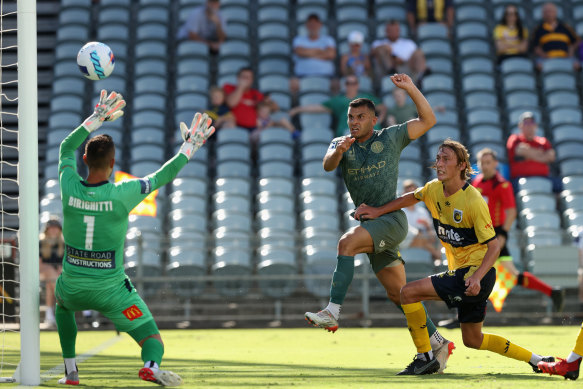 Andrew Nabbout scores for Melbourne City against Central Coast Mariners.