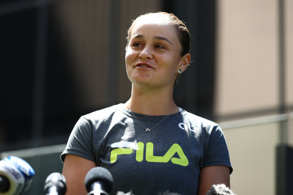 Ash Barty speaks to the media during a press conference at the Westin on March 24, 2022 in Brisbane, Australia.